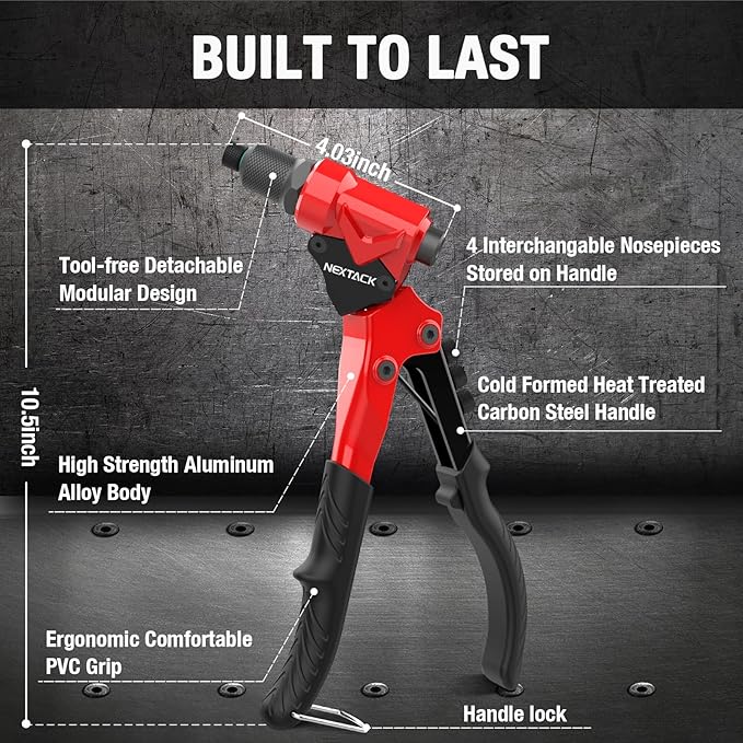 NEXTACK Heavy Duty Pop Rivet Gun Kit (NT200) – 360° Swivel Head for Tight Spaces, 4 HSS Drill Bits + 200 Assorted Rivets + 4 Nosepieces | Rugged Organized Case