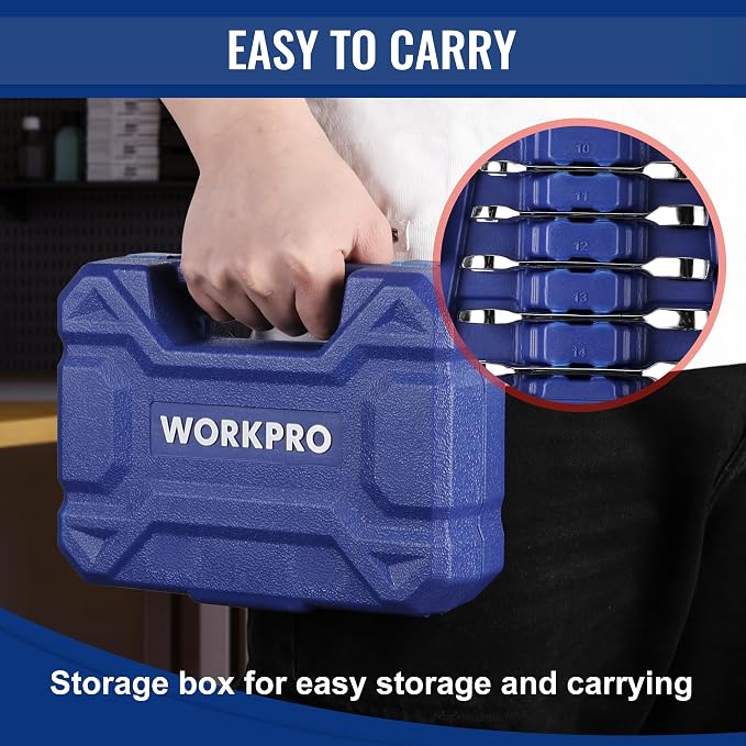 WORKPRO 14-Piece Ratcheting Combination Stubby Wrench Set, 72 Teeth, Combo Ratchet Wrenches Set with Organizer Box, SAE 3/8-3/4" & Metric 10-18mm