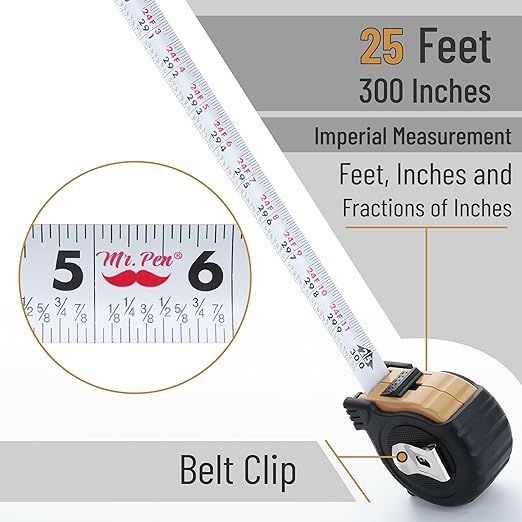 Mr. Pen- Retractable Tape Measure 25 ft, Light Brown, Easy Read, Steel Retractable Measuring Tape with Fractions, Ideal for Construction & DIY Projects
