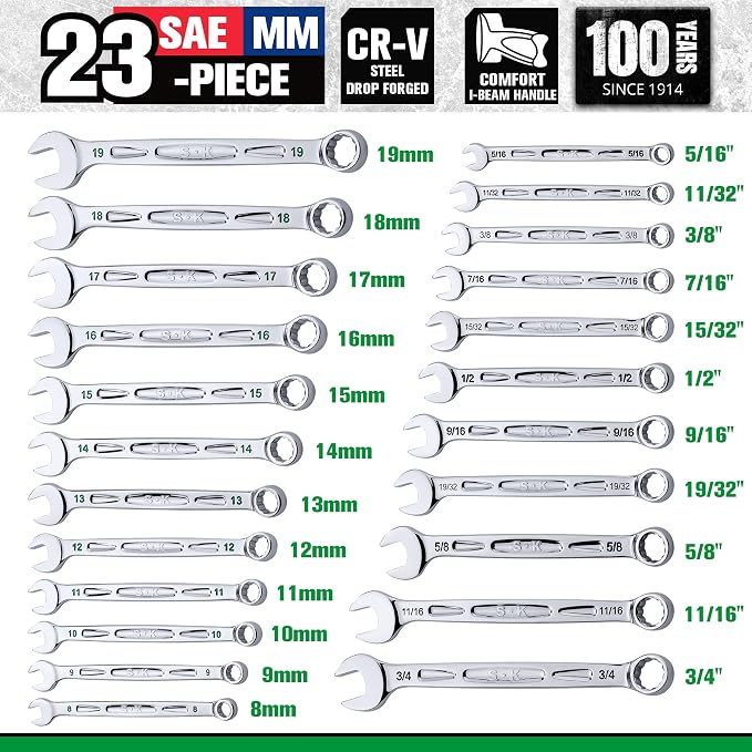 SK Combination Wrench Set, SAE 5/16''-3/4'', Metric 8-19mm, 23-Piece | 12-Point, SureGrip Drive Design, 15-Degree Offset End, Drop Forged CR-V Steel, SuperKrome Finish, with Rolling Pouch