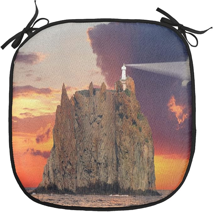 Lunarable Lighthouse Chair Cushion Pads Set of 4, Stromboli Lighthouse Italy Mediterranean Colorful Cloudy Sky Cloudscape, Anti-Slip Seat Padding for Kitchen & Patio, 16"x16", Brown Orange Blue