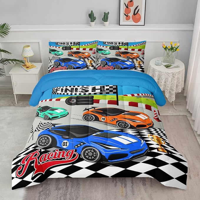 Axolotl Racing Car Bedding Set Queen,Cool Speed Race Car Down Comforter for Kids Boys Girls Teens,Racing Car Comforter Set Car Theme with Three Cars Arrive at Finish,1 Comforter and 2 Pillowcases