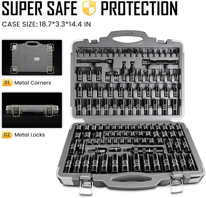 boen 119 Piece Impact Socket Set, 1/2" & 3/8" Drive Socket Set Deep/Shallow SAE/Metric, Cr-MO & S2, 6 Point, Impact Bit, Allen Sockets Included
