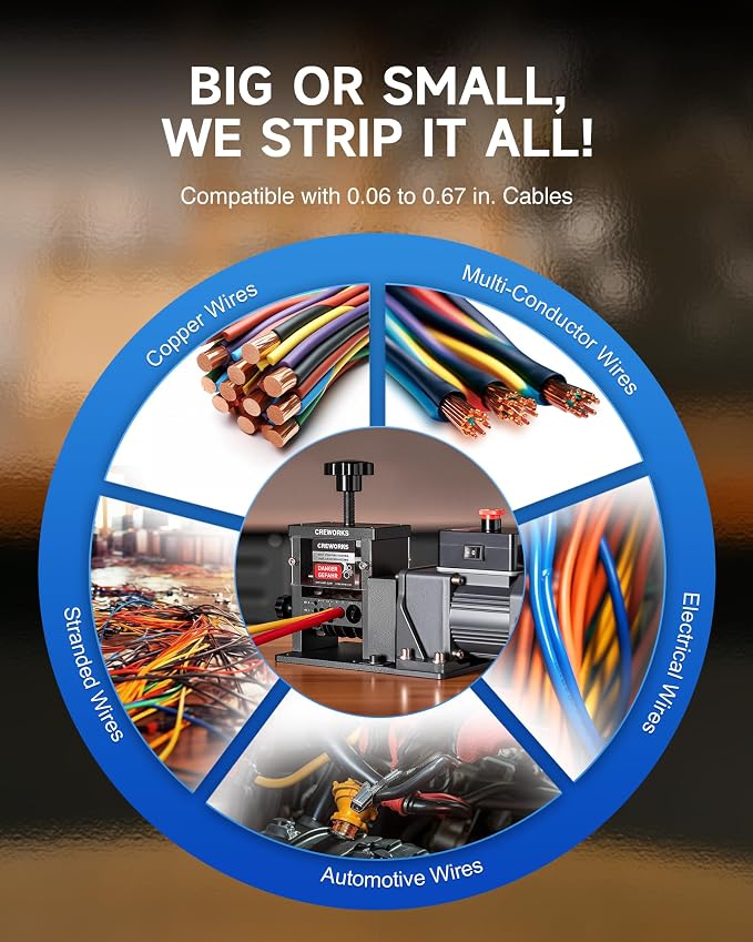 CREWORKS Automatic Wire Stripper Machine, 8 Channel Electric Wire Stripping Machine for 0.06 to 0.67 in. Copper Wires, Electric Cable Stripper Machine with 5 Blades and All-Copper Motor for Recycling