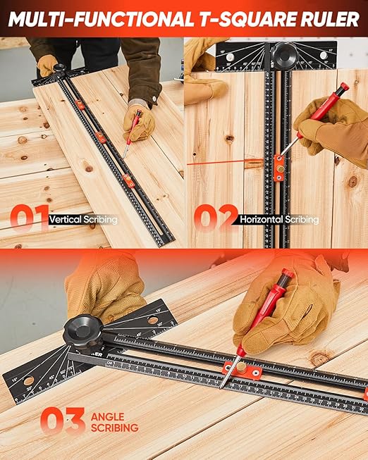 Saker 4-in-1 Scriber Marking Line Ruler, 29.5in Spliceable Extended T Square, Precision Line Drawing & Drilling Positioning Tool, Cabinet Hardware Jig with Angle Adjustment for Woodworking