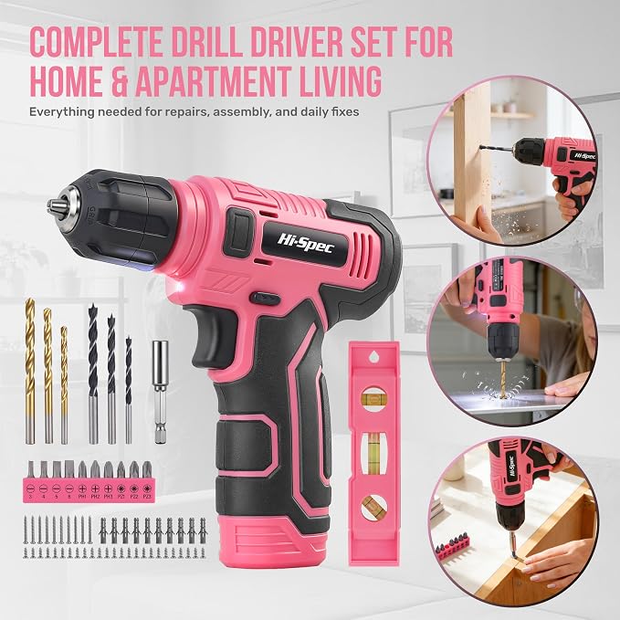 Hi-Spec Cordless Drill Set, 8V USB Pink Power Drill Driver & Screw Bit Set for Women. Ladies Cordless & Rechargeable Electric Drill Driver with Wall Hanging Kit