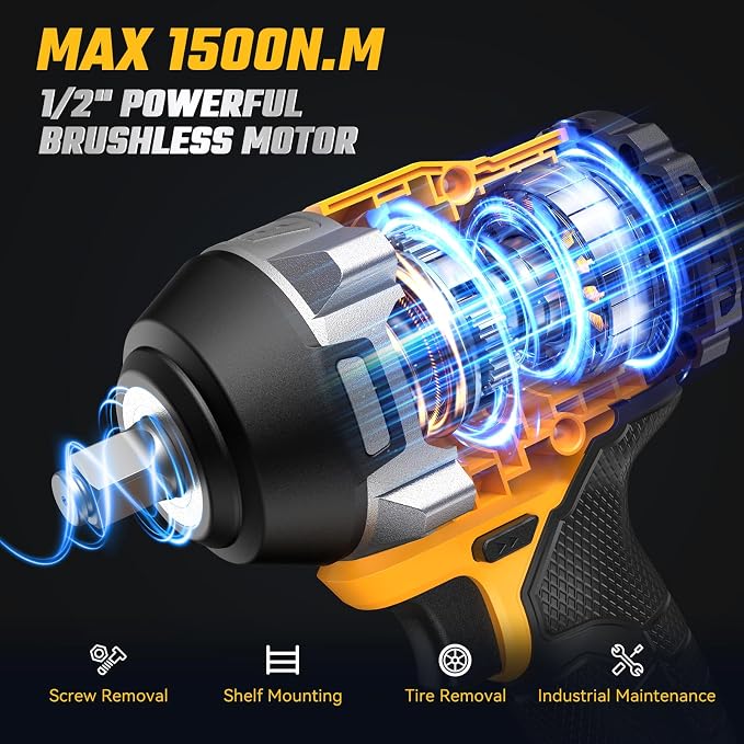 OLIBUY Cordless Impact Wrench for De-walt 20V Battery, 1106Ft-lbs (1500N.m) 1/2 Electric Impact Driver, 3 Speed High Torque Impact Gun with 6 Sockets, Impact Wrench for Car Home Mower (No Battery)