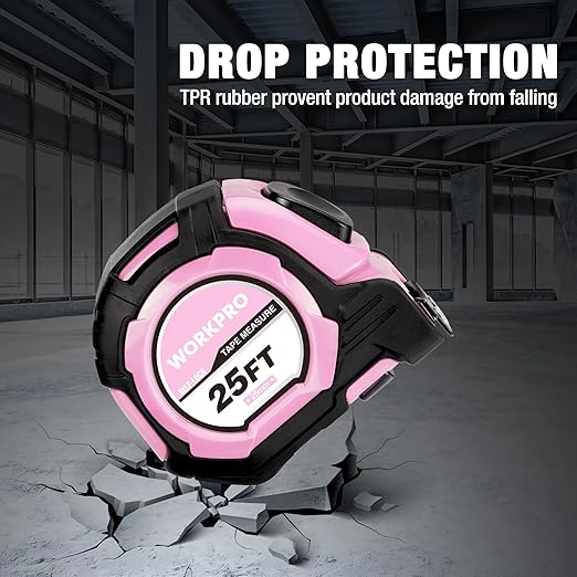 WORKPRO Pink Auto-Lock Tape Measure, 25FT 1/8 Fractions Easy Read Measuring Tape, Double Retract Measurement Tape Accuracy 1/32 for Engineer,with Magnetic Hook, Rubber Protective Casing - Pink Ribbon