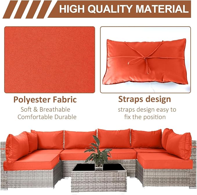 14 Piece Outdoor Patio Cushion Covers Replacement, Waterproof Outdoor Furniture Cushion Covers, Fit 7 Pcs 6 Seater Wicker Rattan Conversation Sofa Set,Orange(Only Cover) 27x27