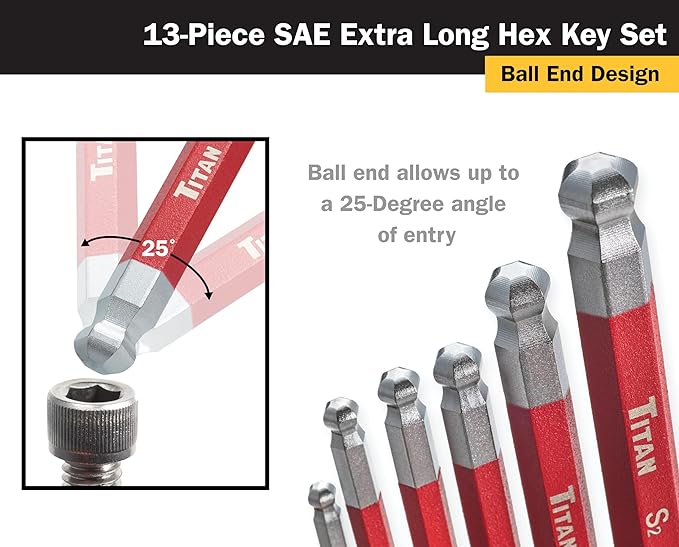 Titan 12764 22-Piece SAE and Metric Hex Key Set | Includes 3/64-3/8 SAE & 1.5-10mm Metric Keys in Plastic Organizers with Size Markings, Extra-Long Arm