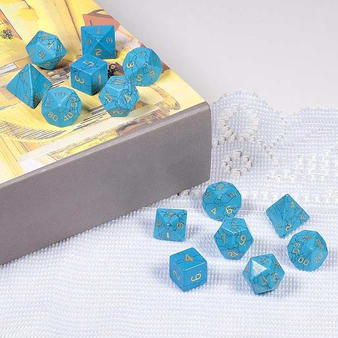 mookaitedecor 7 PCS Blue Howlite Turquoise Crystal Polyhedral DND Dice Set, Polished Tumbled Stones Dices for RPG MTG Table Games Home Decoration