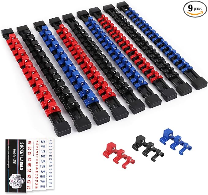 SWANLAKE 9-Piece Premium Socket Holder Organizer Set, 1/4-Inch x 48 Clips, 3/8-Inch x 45 Clips, 1/2-Inch x 36 Clips, Premium Quality Socket Clip Rail Holder