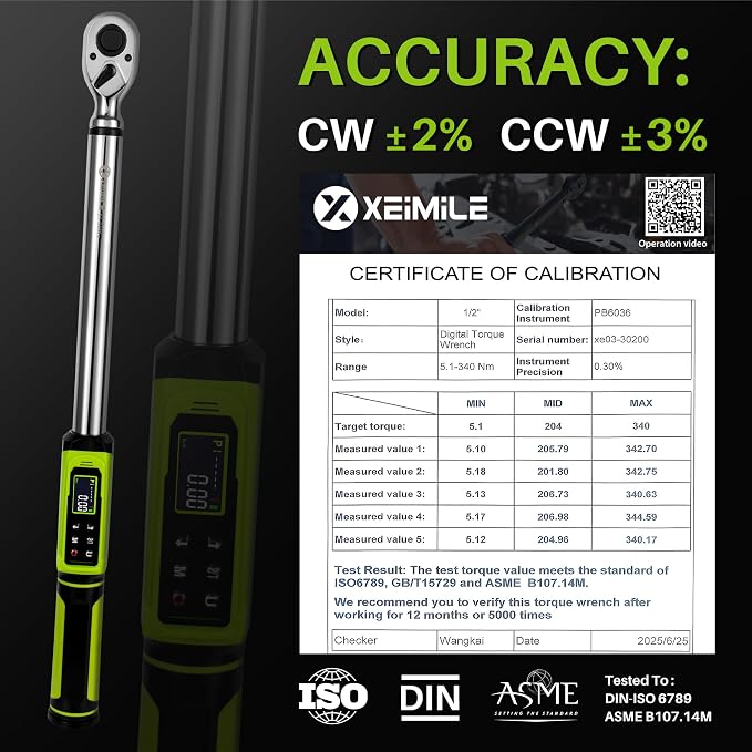 Digital Torque Wrench 1/2"Drive-3.8-250.8Ft.Lbn for Car Truck Wheel | Electric Torque Wrench(5.1-340N.m), Vibration Buzzer LED Indicator,±2% Acc. 5 Units for Auto Repair, DIYers RV Owners Farmers
