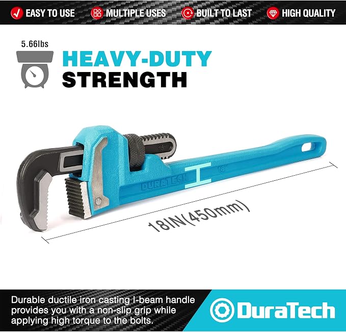 DURATECH 18-Inch Heavy Duty Pipe Wrench, Adjustable Plumbing Wrench | Malleable Cast Iron Handle, Exceed GGG standard