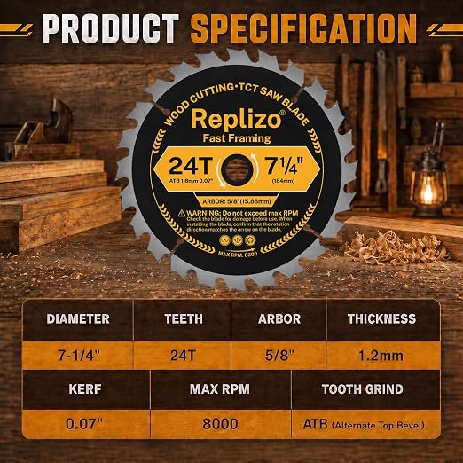 7-1/4 Inch Circular Saw Blade 10 Pack, 24T Carbide Tipped Framing Saw Blades with 5/8 Inch Arbor, Fast Wood Cutting Blades for Hardwood, Softwood, Plywood, OSB and Lumber