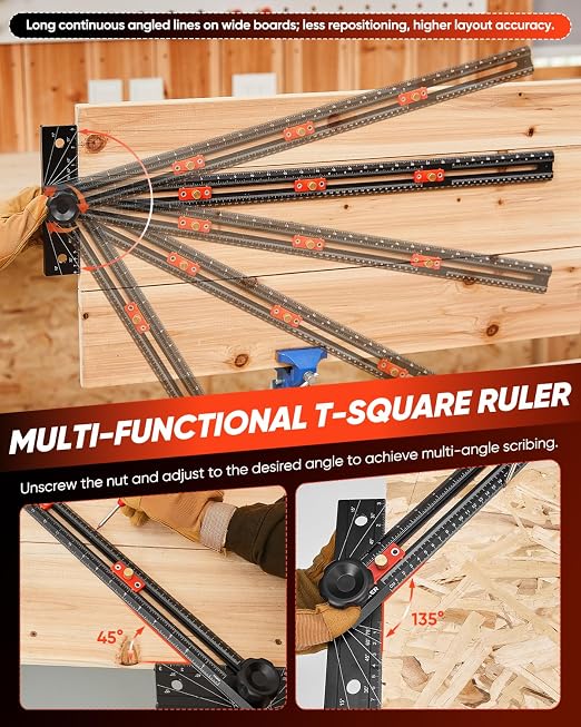 Saker 4-in-1 Scriber Marking Line Ruler, 29.5in Spliceable Extended T Square with Pencil, Precision Line Drawing & Drilling Positioning Tool, Cabinet Hardware Jig with Angle Adjustment for Woodworking