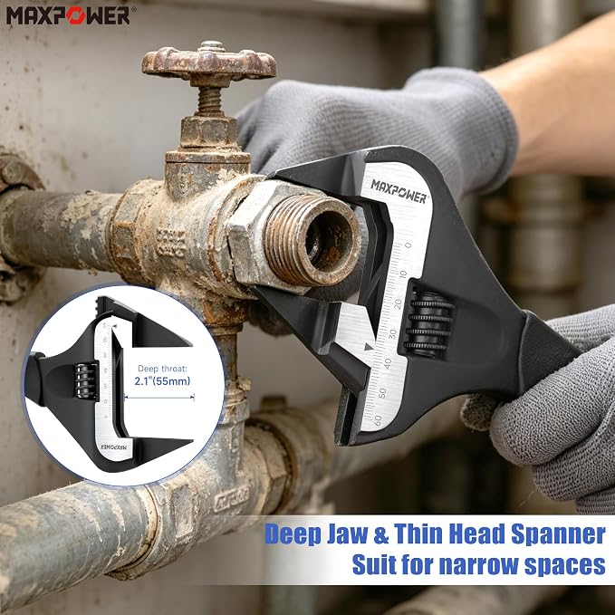 MAXPOWER 12-inch Slim Jaw Adjustable Wrench, Extra Thin Jaw Wide Opening Adjustable Wrench, Dual Scale with Metric and SAE, Soft Grip Handle