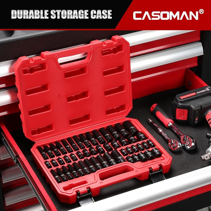 CASOMAN 1/4 Inch Drive Master Impact Socket Set, 50-Piece, 6-Point, SAE/Metric, 5/32 Inch - 9/16 Inch, 4mm - 15mm, Standard/Deep,CR-V