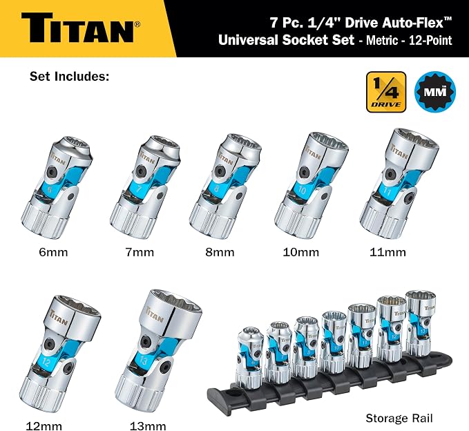 Titan 66840 7-Piece 1/4-Inch Drive Metric Auto Flex Universal Socket Set, 12-Point, 6mm to 13mm