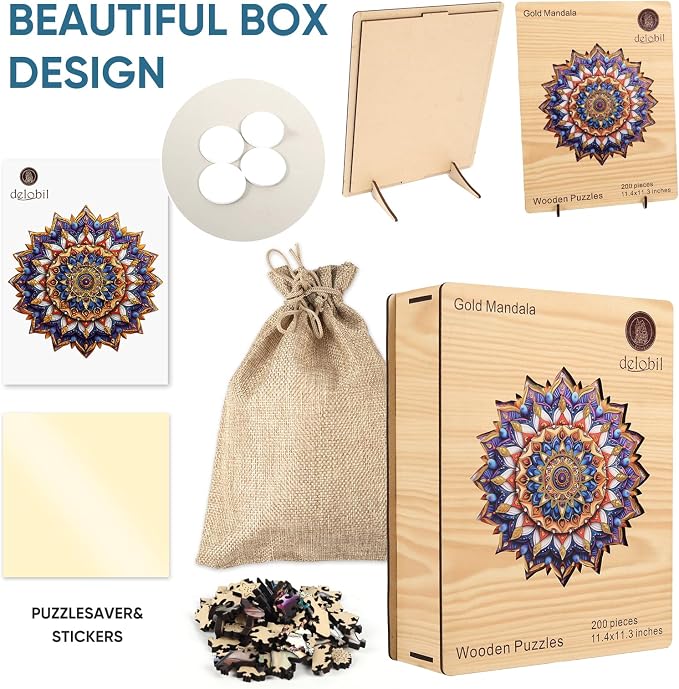Delobil Geometric Mandala Wooden Puzzles for Adults, 200 Pieces (11.4 x 11.3 Inches) 5mm Thick Extra Sturdy with Unique Animal & Plant Shaped Irregular Pieces, Wooden Box Gift for Adults
