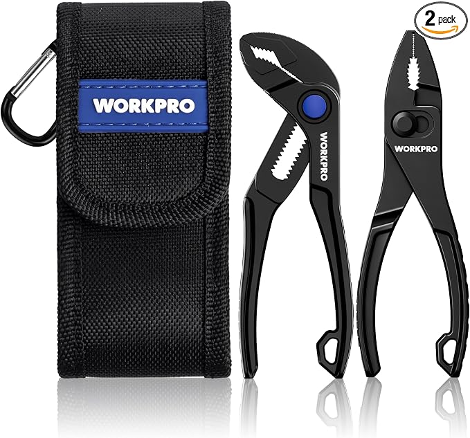 WORKPRO 2-Piece Mini Pliers Set with Pouch, 4-Inch Slip Joint Plier & Water Pump Plier, Heavy-Duty Alloy Steel Adjustable Plier with Anti-Rust Coating, Pocket Pliers for Tight Spaces & Versatile Use
