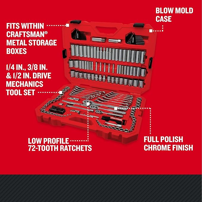 CRAFTSMAN Mechanic Tool Set 189 Pcs, 1/4, 3/8, 1/2 Socket Set with 72 Tooth Low Profile Ratchet, Steel 6 and 12 point Sockets, Wrenches, Hex Keys, Deep Sockets, Bits, Metric and SAE (CMMT12134)