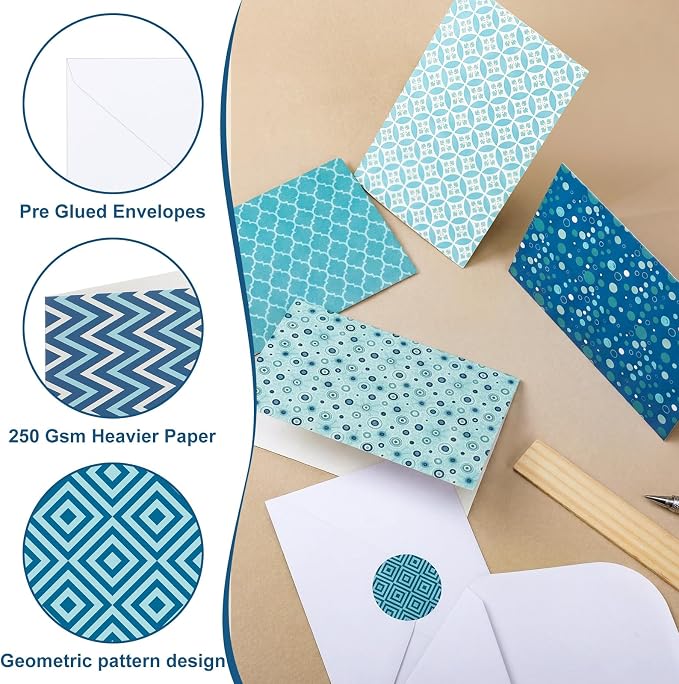 Maitys 200 Set Geometry Blank Cards and Envelopes Bulk 4x6 Inch Blank Blue Greeting Cards with Envelopes & Stickers 10 Elegant Designs Stationery Notecards for Anniversary Birthday Business Events