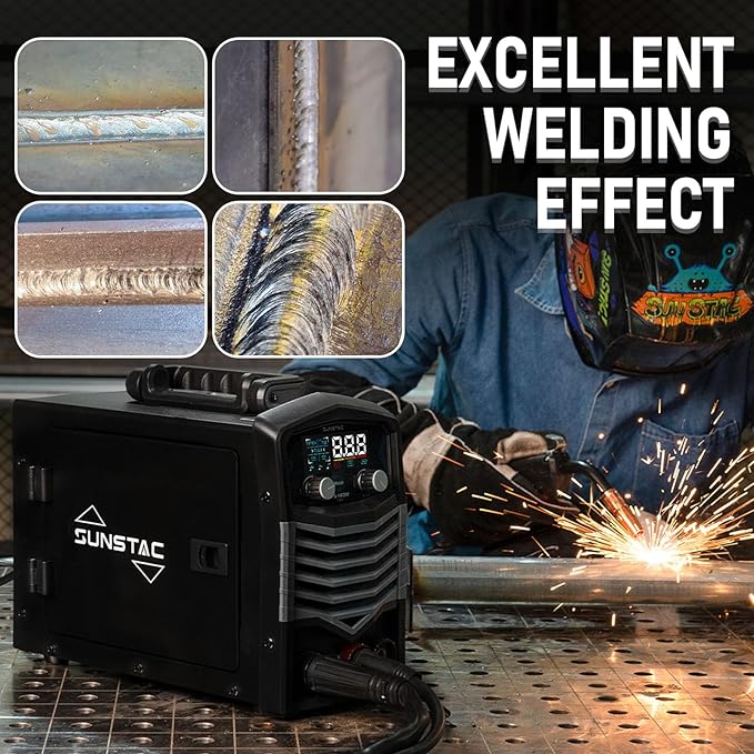 Sunstac MIG Welder, 140A 110V Flux Core/Stick/Lift TIG 3 in 1 MIG Welding Machine, Gasless MIG with IGBT Inverter Synergic Control, Digital Screen Display, Over Loading Protection Beginner Friendly