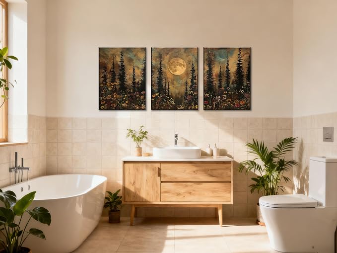 Frimeeme Vintage Moon Forest Wall Art Set of 3,Canvas Print Set Wildflower Pine Trees Rustic Nature Decor for Farmhouse Bedroom Living Room Aesthetic, 12x16 inches
