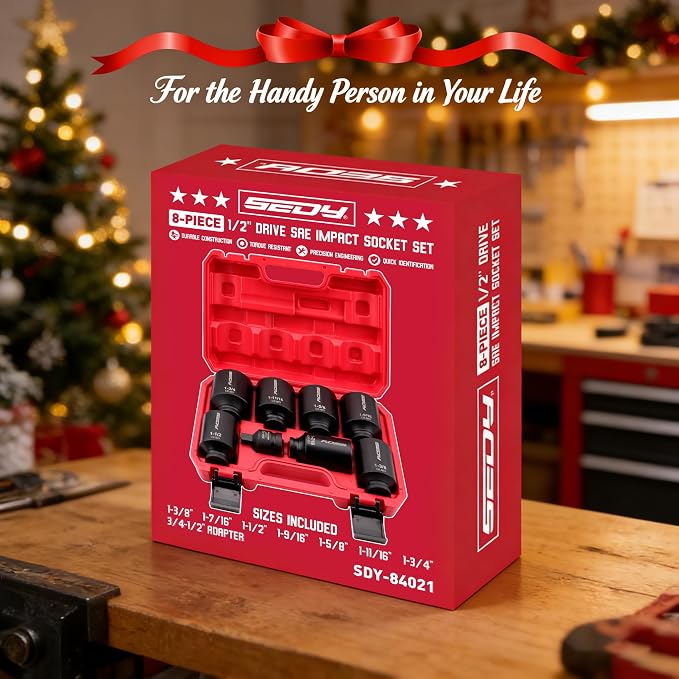 SAE Deep Impact Socket Set 8-Piece 1/2-inch Drive Wheel Axle Nut Wrench Large Sockets Standard Adapter 1-11/16 1-9/16 1-3/8 1-7/16 1-1/2 1-5/8 1-3/4 Imperial Spindle Joint Torque Bearing Locknut Truck