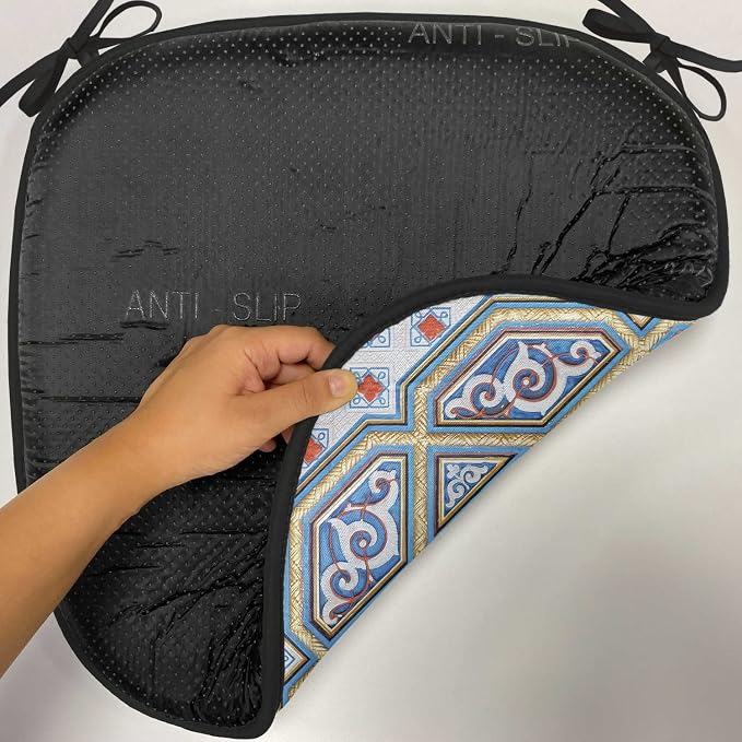 Lunarable Moroccan Chair Cushion Pads Set of 6, Image of a Carving Art Flower Doorway Entrance Geometric, Anti-Slip Seat Padding for Kitchen & Patio, 16"x16", Blue Pale Yellow Redwood