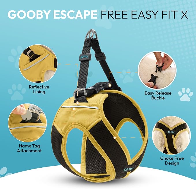 Gooby Escape Free Easy Fit X Step-in Dog Harness, Miami Yellow, Large | Patented escape-free, tightens on back-out; Choke-free X-frame + V-neck; Quick-release buckle; Reflective trim