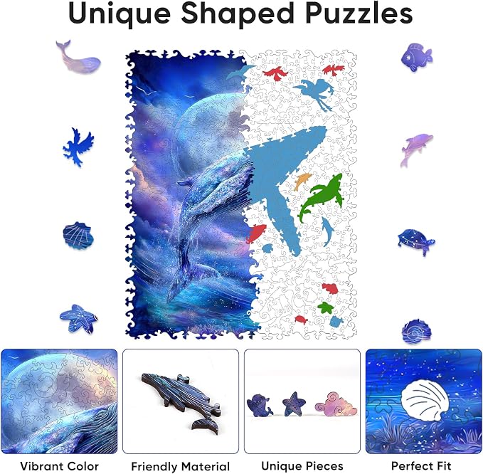 Bovearto Wooden Whale Puzzle for Adults 500 Piece, Unique-Shaped Sea Animal | Challenging Family Game, Home Decor(13.5"*16.9")