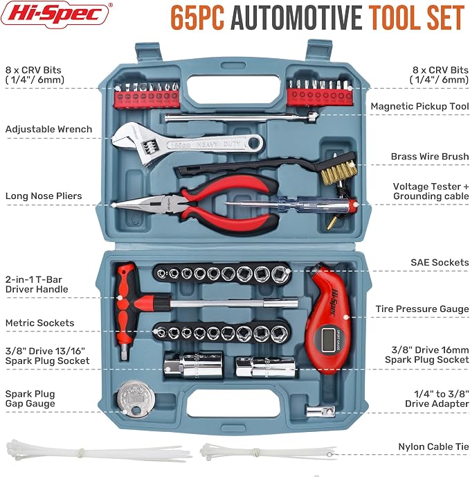 Hi-Spec Compact Auto Garage Tool Kit with Digital Tire Pressure Gauge