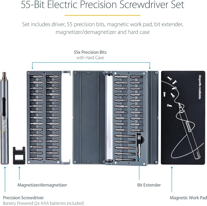 StarTech.com 55-Bit Electric Precision Screwdriver Set - Portable Cordless Battery Powered Bit Driver Kit for Electronics, Laptop, Computers, Tablet & Phone Repairs - Magnetic Work Pad, TAA