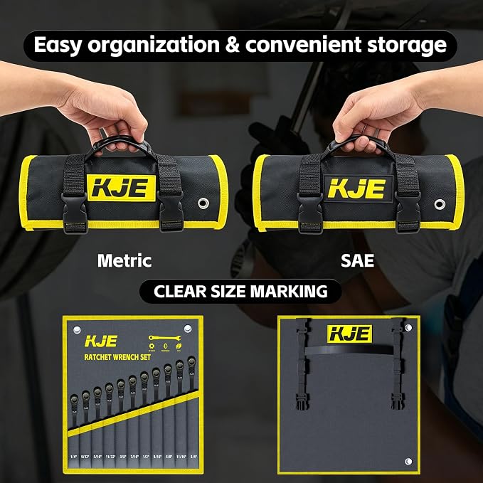 KJE 24PCS 90-Tooth 180° Flex-Head Ratcheting Wrench Set, Metric 8-19mm & SAE 1/4"-7/8", Combination Wrenches set, CR-V, Nickel Plating, with Organizer Bag, for Auto/Machine Repair
