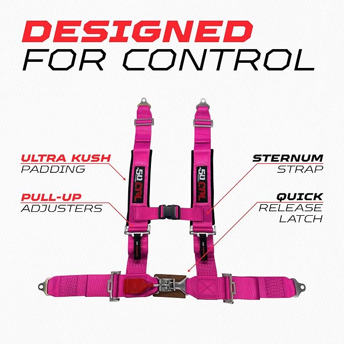 1pc 50 Cal Pink 4 Point Harness 3 inch straps, Racing Harness Seat Belt | Ultra Kush padding, Push Button quick release hardware. Universal Fit for UTV, RZR, race car