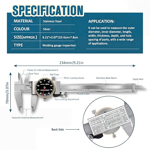 WeldingStop Precision 0-6" Dial Caliper Set with Protective Case - 0.001" Accuracy 4-Way Measuring Tool, Shock-Proof Stainless Steel, Ideal for Home & DIY Measurement