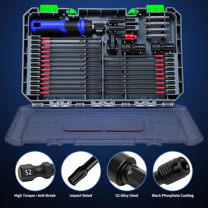 6-Inch Long Screwdriver Bit Set, 63PCS Impact-Ready Extended Reach Bit Kit, Magnetic S2 Steel, 1/4" Hex Shank, Torx/Phillips/Hex/Nut Driver Bits with Organized Storage Case for Drill & Impact Driver