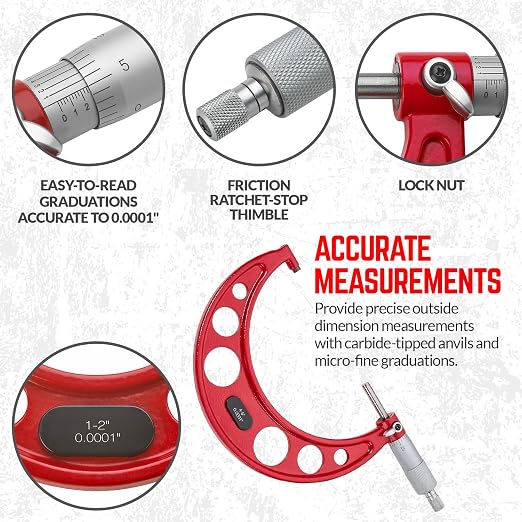 Premium Outside Micrometer Set 0-6" / 0.0001" (0-1"/ 1-2"/ 2-3"/ 3-4"/ 4-5" /5-6") Precision Machinist Tools w/Carbide Tips, Standards, Ratchet Stop