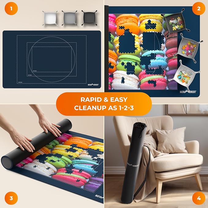 The Original Newverest Jigsaw Puzzle Mat Roll Up, Navy Blue, 39.4” x 23.6” Portable Keeper Up to 1000 Pieces with Non-Slip Rubber Bottom & Smooth Top + 3 Puzzle Sorting Trays & Travel Storage Bag