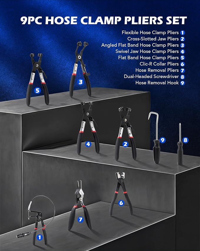 OMT Hose Clamp Pliers, 9Pc Automotive Remover Set With Flexible Wire | Locking Mechanism, Rubberized Handles, For 11/16" To 2-1/2" Clamps, Structural Steel Build