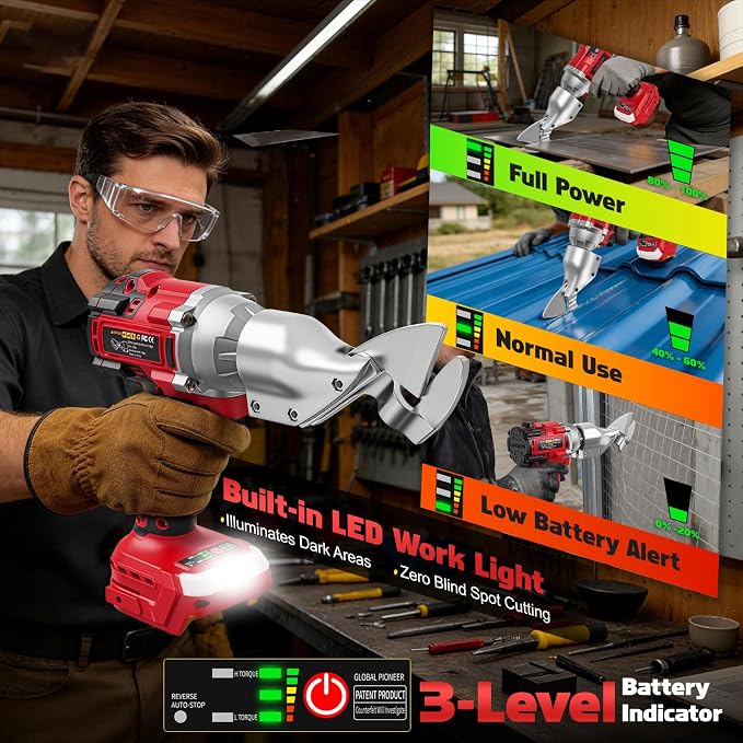 Cordless Metal Shear Compatible for Milwaukee 18V, Brushless Electric Metal Shears 1600RPM for HVAC Ducts, Auto Body Panels &Fencing,Stainless Steel Cutter with LED Light (Tool Only