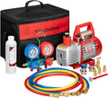 VIVOHOME 110V 1/4 HP 3.5CFM Single Stage Rotary Vane Air Vacuum Pump and AC Manifold Gauge Set Kit with Thermometer for R134a R12 R22 R502 R410a HVAC Air Conditioning Refrigeration Recharging Red