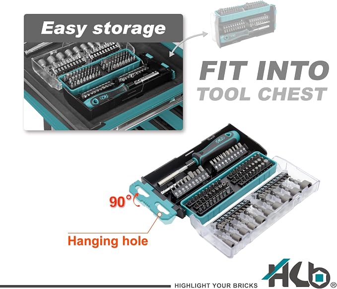 HB 112-Piece Magnetic Nut Driver & Bit Set KKM002-U, Phillips Pozi Slotted Hex Star Square Spline Tri-Wing Torq Clutch Bits, Magnetic Holder, Socket Adapter, Screwdriver Handle, Case, Made in Taiwan