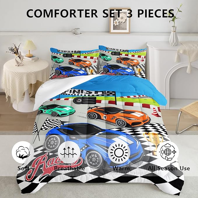 Axolotl Racing Car Bedding Set - Full, Cool Speed Race Car Comforter Set for Kids, Boys & Girls - 1 Comforter and 2 Pillowcases
