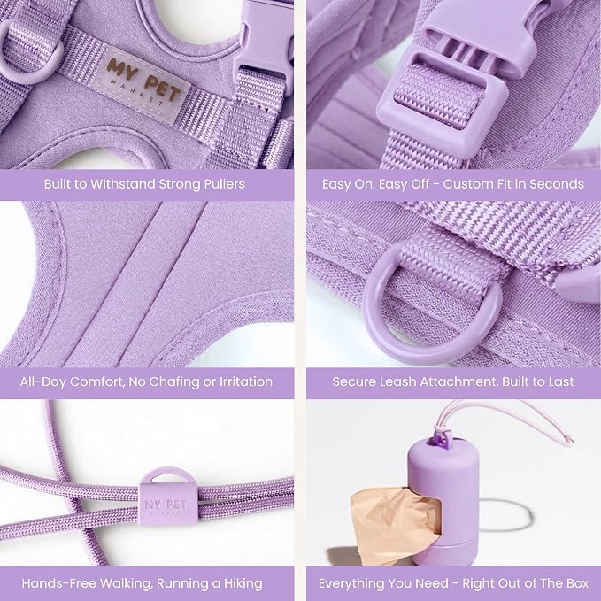 No Pull Dog Harness and Leash Set 3-in-1 Adjustable Anti Pull Dog Harness with Hands-Free Matching Leash,Poop Bag Holder,Easy Walk Dog Harness Extra Small Sized Dog(Lilac)