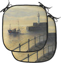 Lunarable Lighthouse Chair Cushion Pads Set of 2, Fishing Boat Leaving The Port in Mevagissey at Early Morning Sunrise View Landscape, Anti-Slip Seat Padding for Kitchen & Patio, 16"x16", Cream