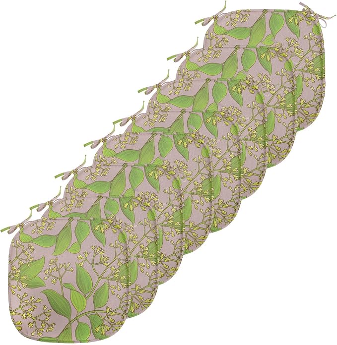 Lunarable Cinnamon Chair Seating Cushion Set of 8, Plantation Floral Pattern on a Plain Background, Anti-Slip Seat Padding for Kitchen & Patio, 16"x16", Yellow Green Olive Green