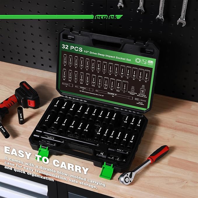 TecoTek 1/2" Drive Deep 12-Point Impact Socket Set, 32-Piece Socket Set, SAE 3/8-1-Inch and Metric 10-24mm Size, Includes Extension Bars, Universal Joint and Adapter, CR-V Steel
